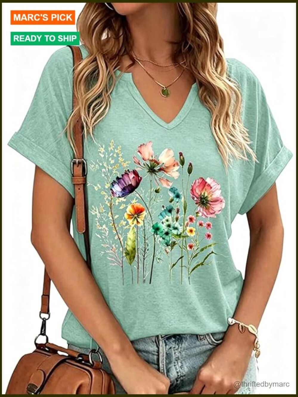 Vintage Flowers Short Sleeve V-Neck Tee Boho Cottagecore Summer Top